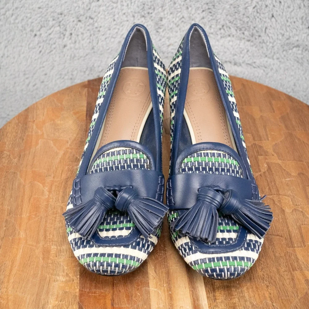 Tory Burch Stamford Tassel Pumps Block Heel Women Sz 6 M Blue/Green Summer